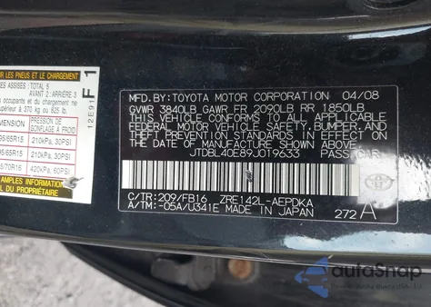 2009 Toyota Corolla from USA, damaged, VIN JTDBL40E89J019633